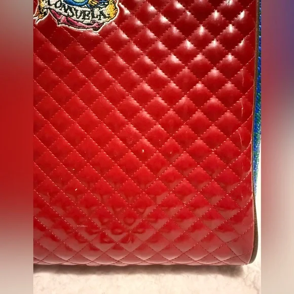 Consuela Quilted Red Patent Floral Embroidered Tote - Picture 13 of 16